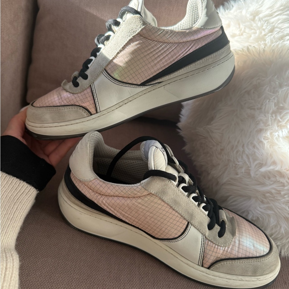 CHANEL CC Suede & Calfskin Sneakers,Size 38.5 (Fits US 8.5/EU 39)Pink/Grey/White - Picture 5 of 15